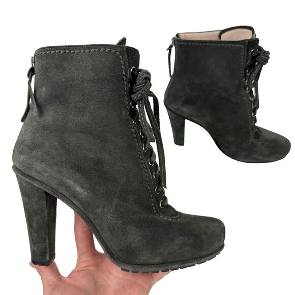 Miu Miu Booties Lace Up Suede Leather Ankle Boots Block High Heel Round Toe 39 - Picture 16 of 16